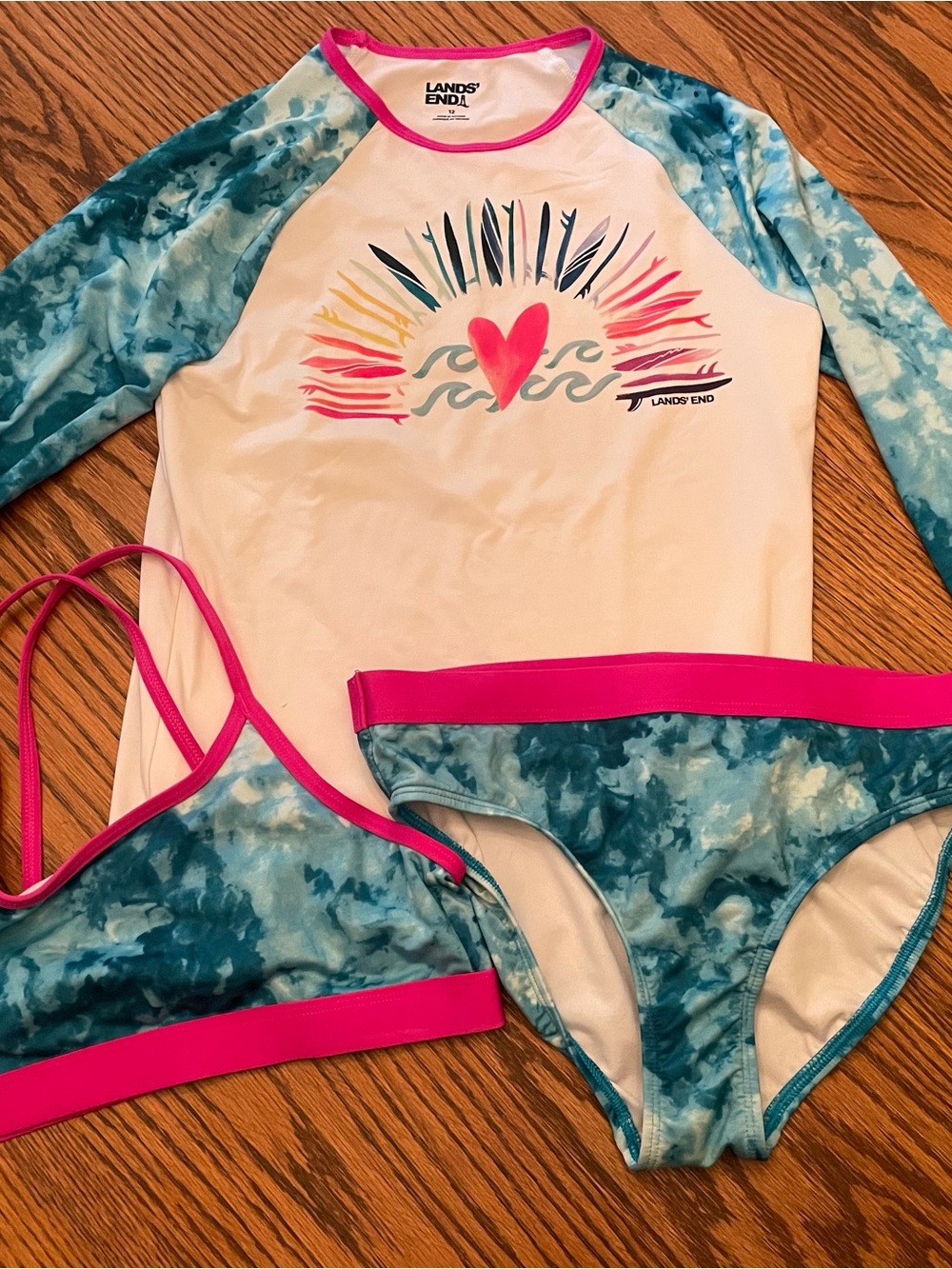 Lands' End Girls Rash Guard & Bikini Set in White, Teal & Hot Pink